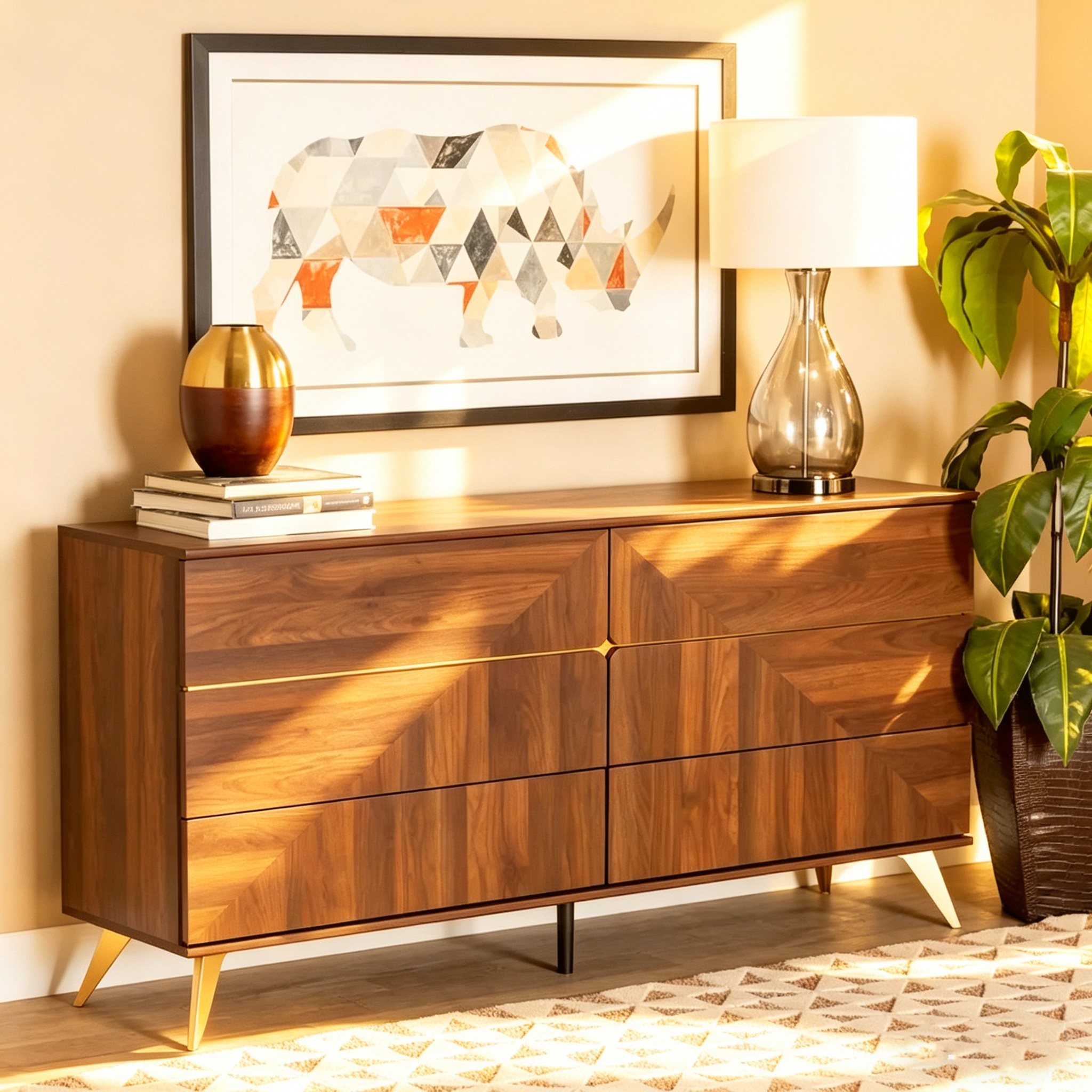 Commode à six tiroirs en placage noyer de style transitionnel médiéval-moderne