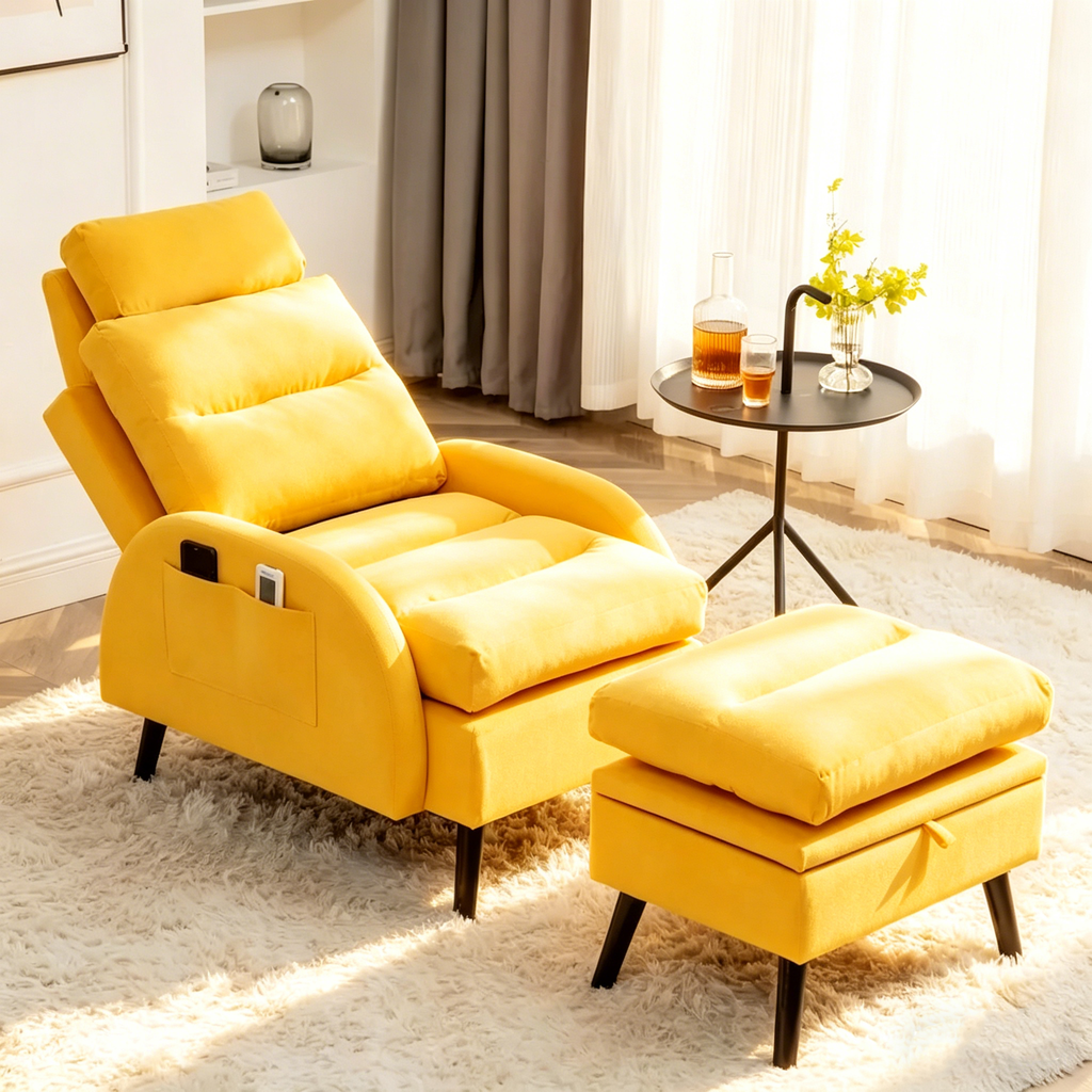 Chaise longue avec dossier réglable et pouf de rangement
