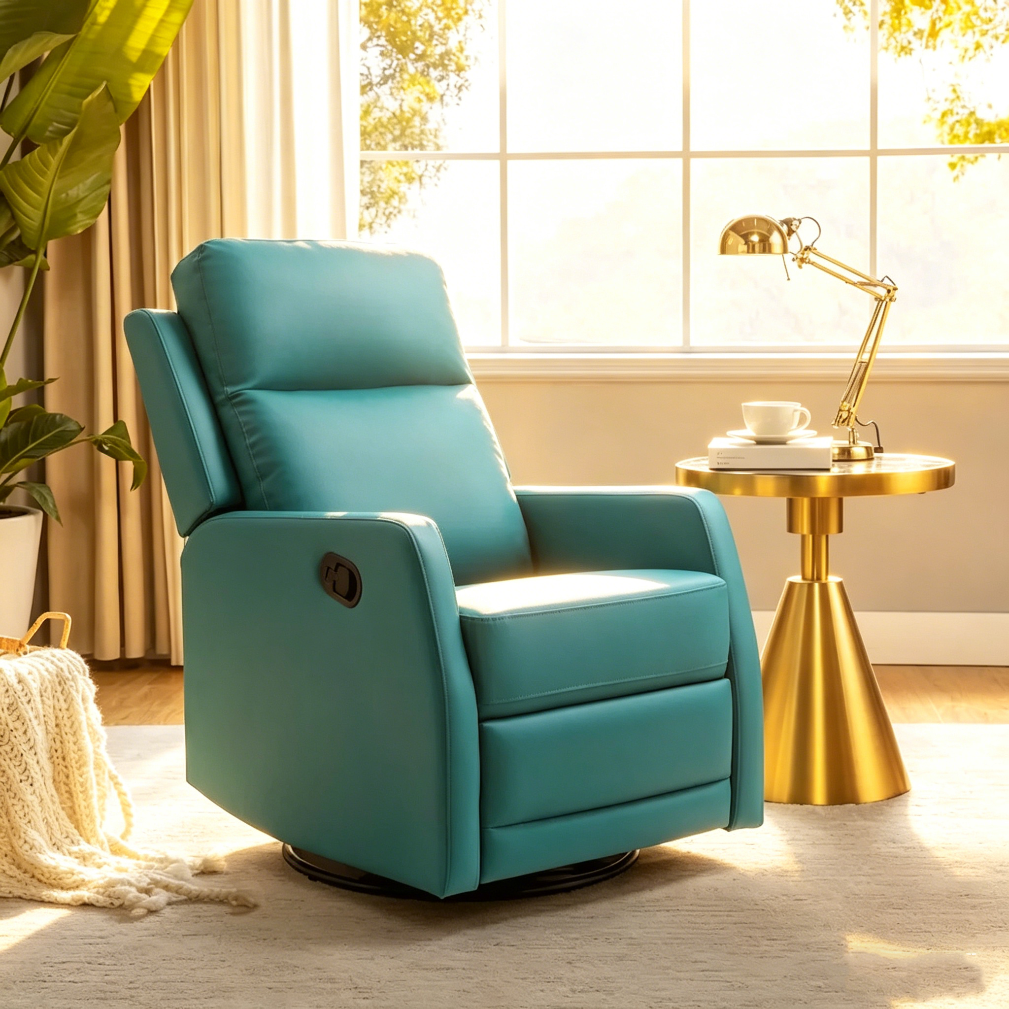 Fauteuil relax moderne manuel à bascule et pivotant, en similicuir, avec dossier à oreilles