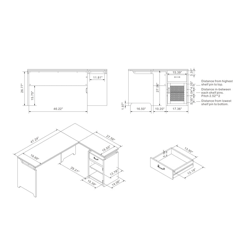 Bureau d'angle multifonctionnel de 63 pouces
