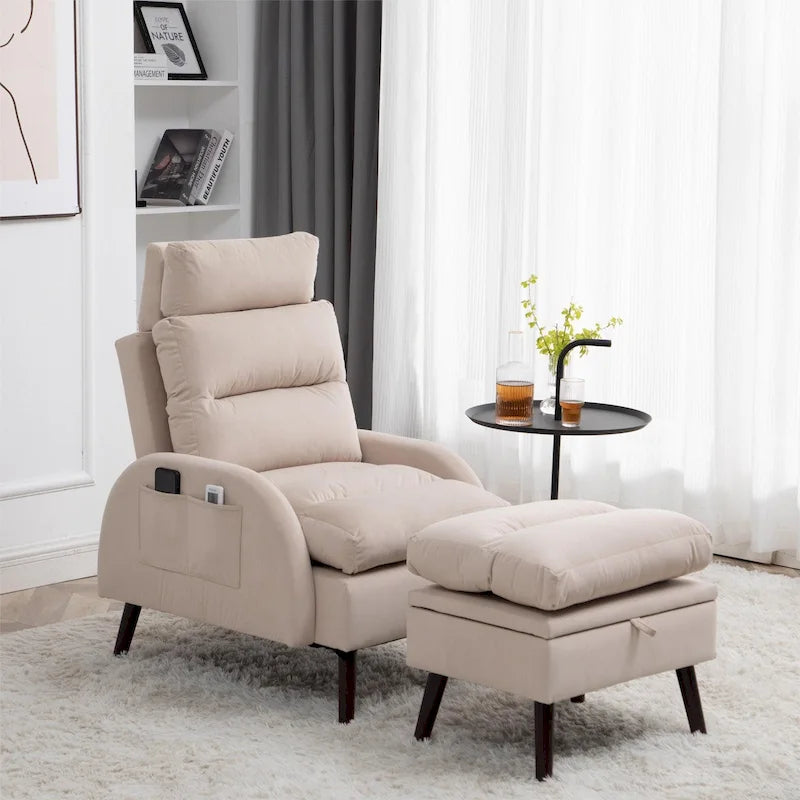Chaise longue avec dossier réglable et pouf de rangement