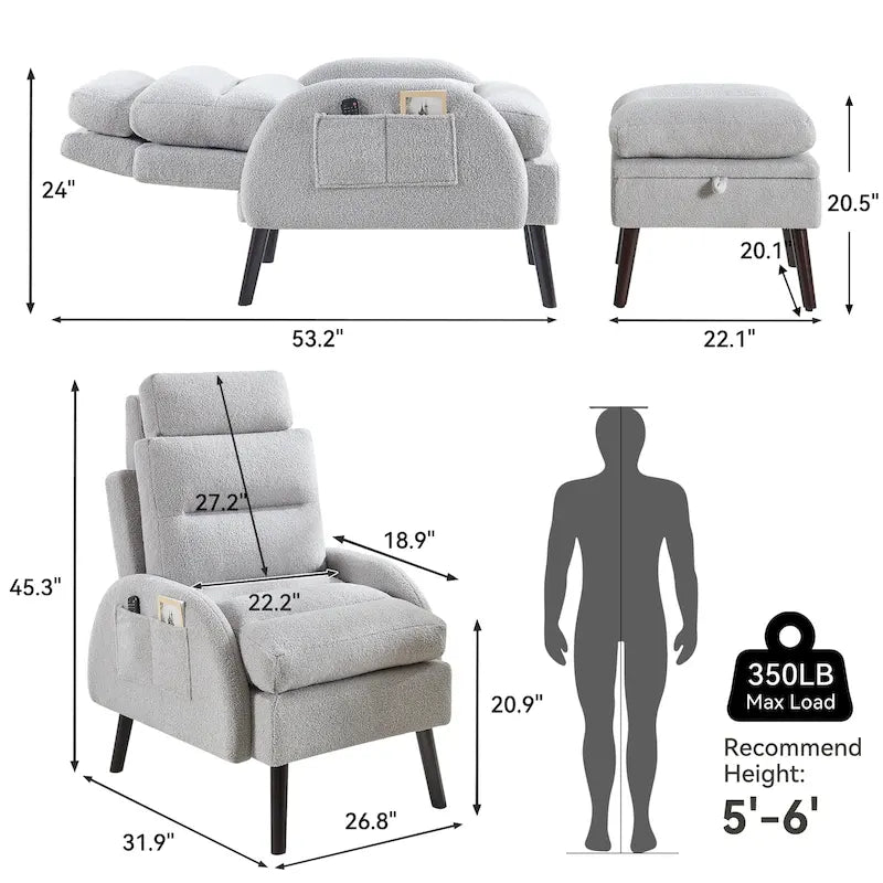 Chaise longue avec dossier réglable et pouf de rangement