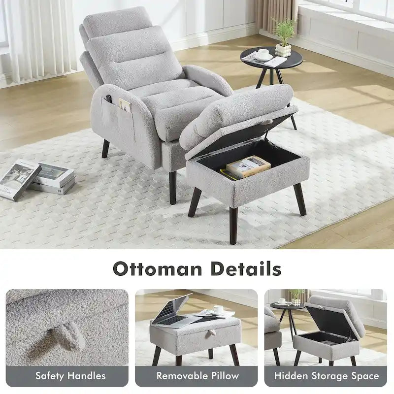 Chaise longue avec dossier réglable et pouf de rangement