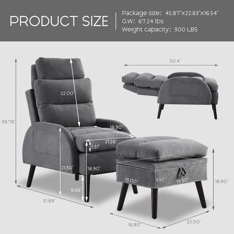 Chaise longue avec dossier réglable et pouf de rangement
