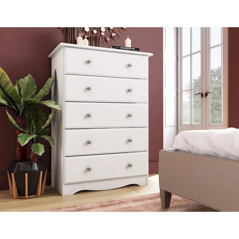 Commode cinq tiroirs en bois massif, avec poignées en métal ou en bois
