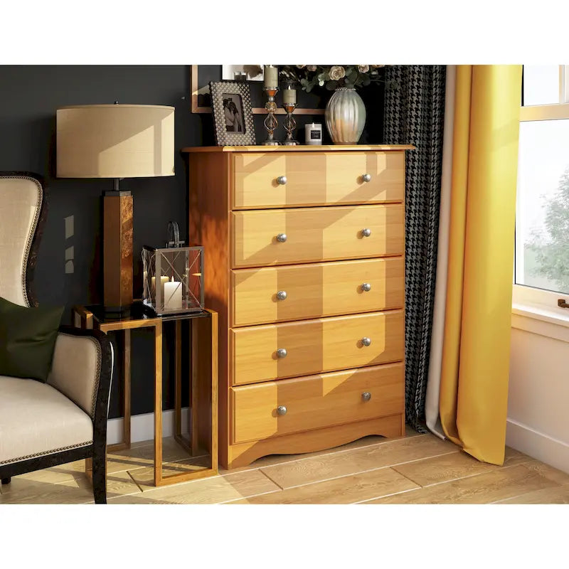 Commode cinq tiroirs en bois massif, avec poignées en métal ou en bois