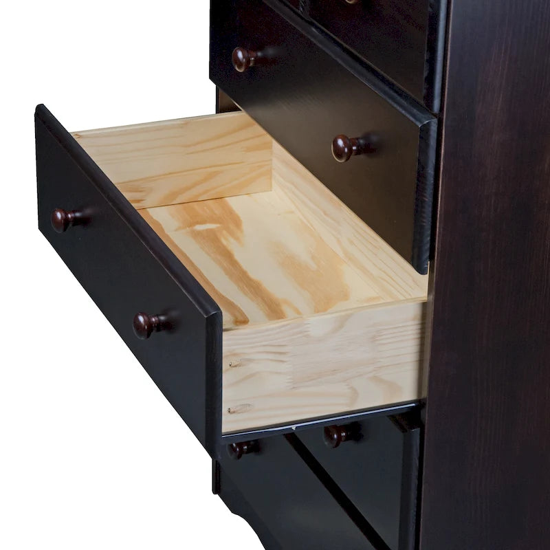 Commode cinq tiroirs en bois massif, avec poignées en métal ou en bois