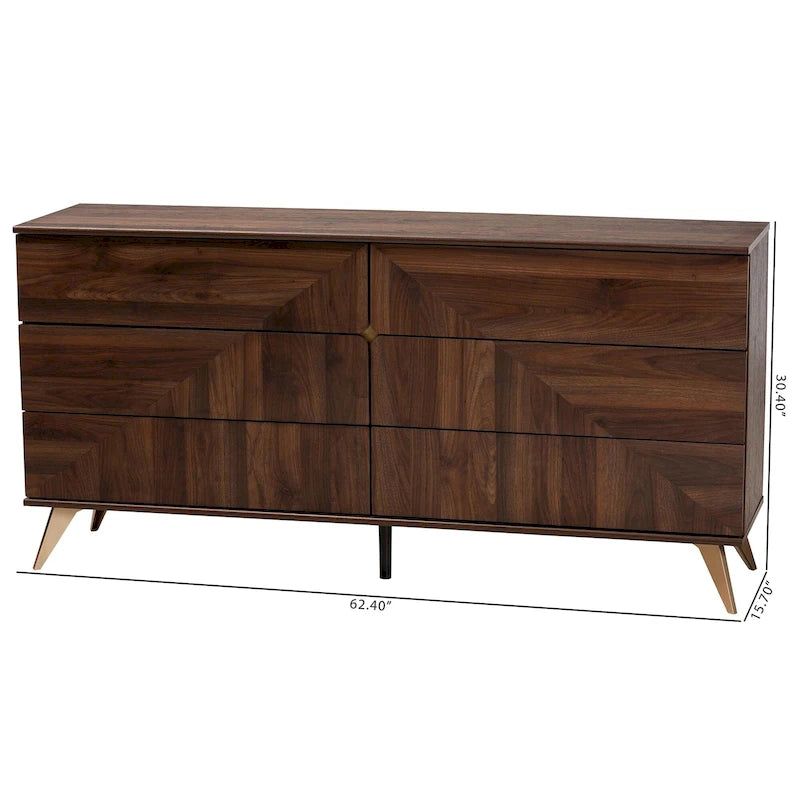 Commode à six tiroirs en placage noyer de style transitionnel médiéval-moderne