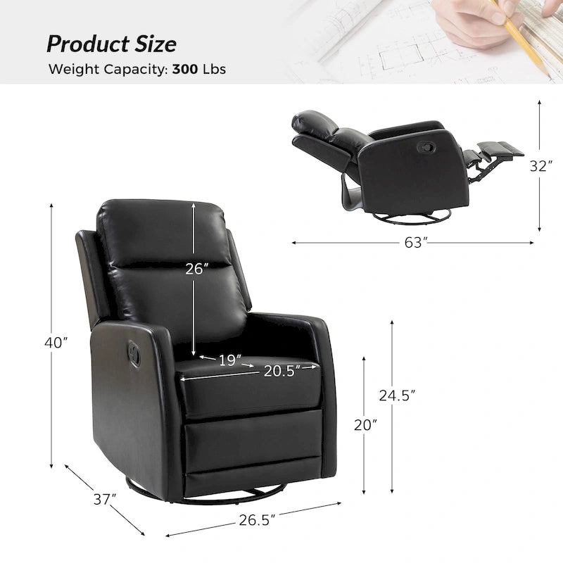 Fauteuil relax moderne manuel à bascule et pivotant, en similicuir, avec dossier à oreilles