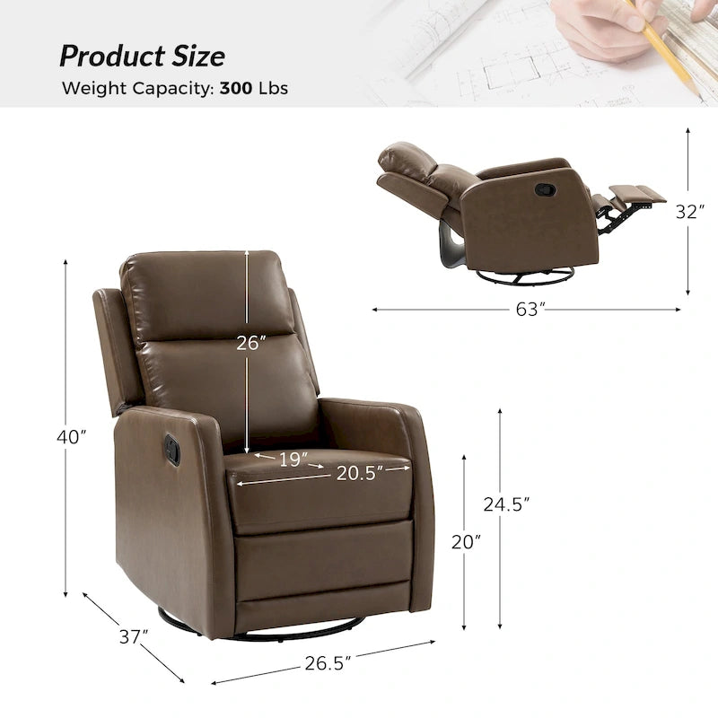 Fauteuil relax moderne manuel à bascule et pivotant, en similicuir, avec dossier à oreilles