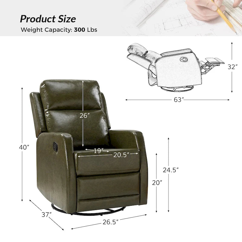Fauteuil relax moderne manuel à bascule et pivotant, en similicuir, avec dossier à oreilles