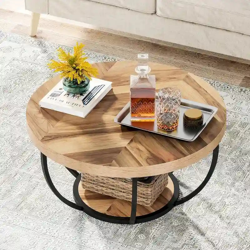 Table basse ronde de 31,7 pouces, rustique à 2 niveaux avec étagères de rangement ouvertes