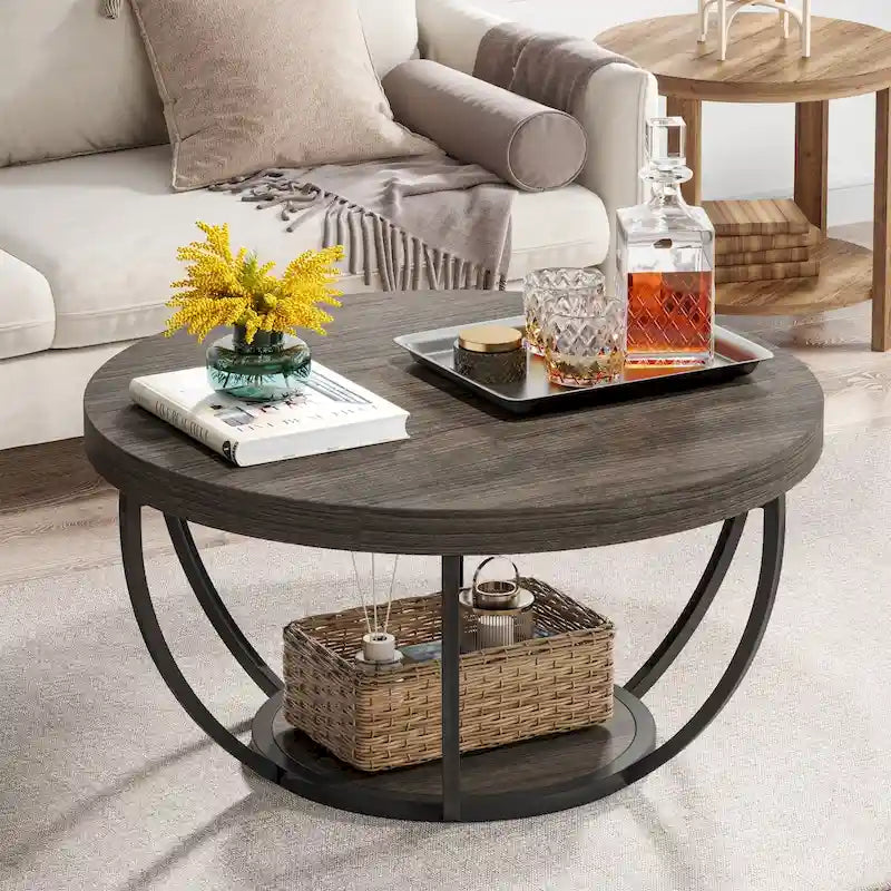 31.7  Round Coffee Table, Rustic 2-Tier Center Table with Storage Open Shelves