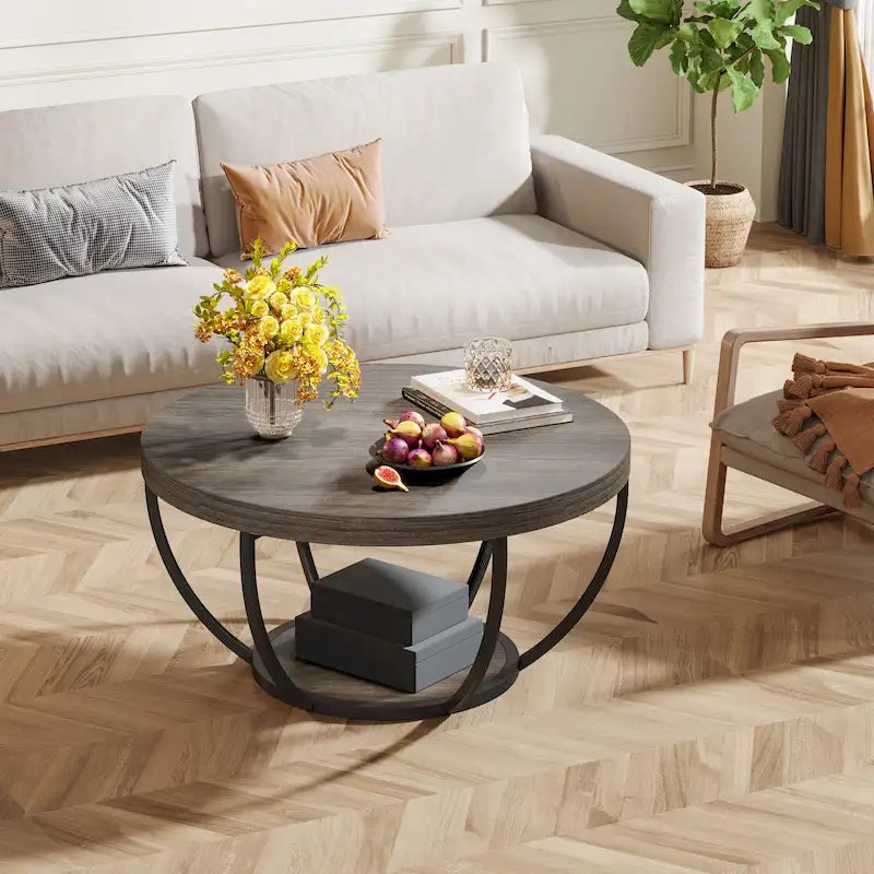 Table basse ronde de 31,7 pouces, rustique à 2 niveaux avec étagères de rangement ouvertes