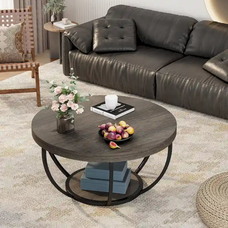 Table basse ronde de 31,7 pouces, rustique à 2 niveaux avec étagères de rangement ouvertes