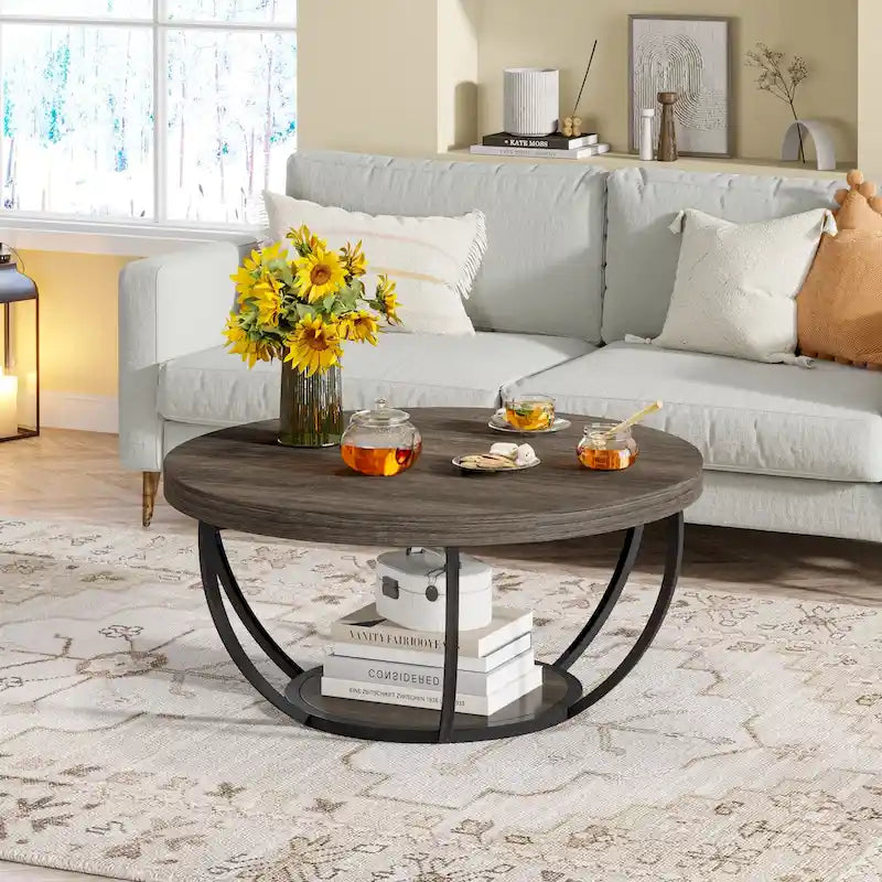 Table basse ronde de 31,7 pouces, rustique à 2 niveaux avec étagères de rangement ouvertes