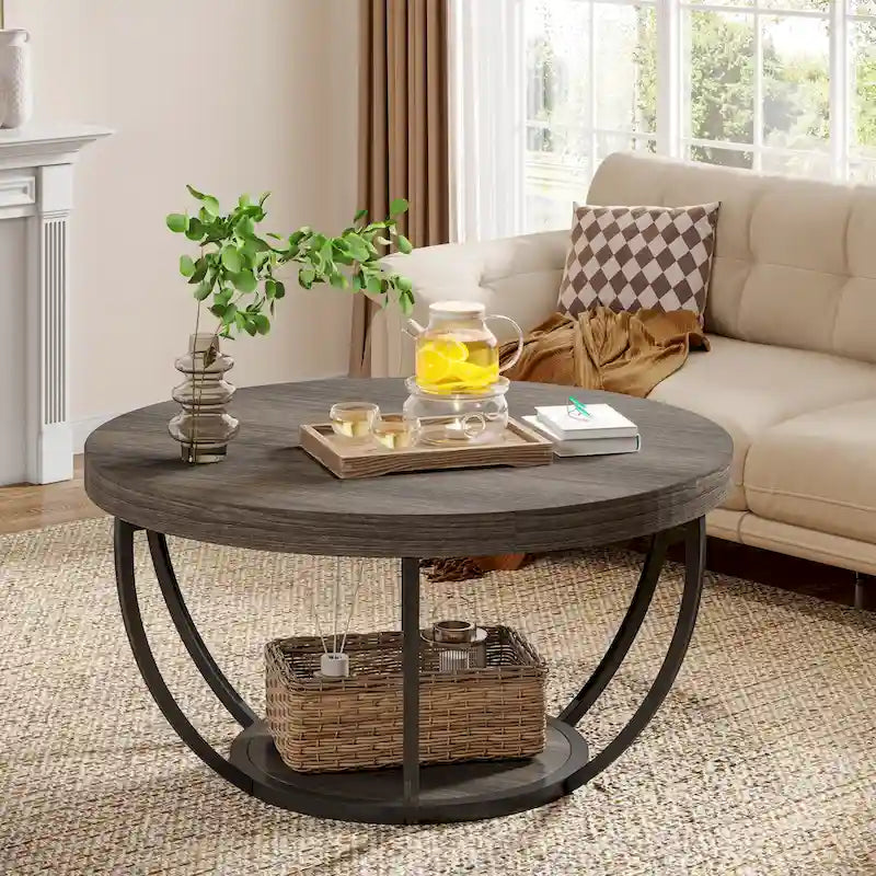 Table basse ronde de 31,7 pouces, rustique à 2 niveaux avec étagères de rangement ouvertes