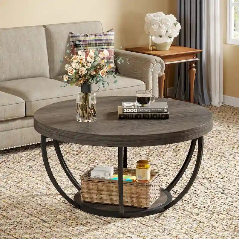 Table basse ronde de 31,7 pouces, rustique à 2 niveaux avec étagères de rangement ouvertes