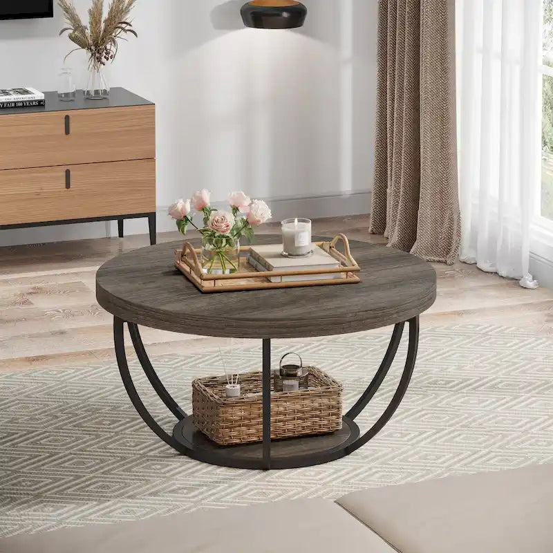 Table basse ronde de 31,7 pouces, rustique à 2 niveaux avec étagères de rangement ouvertes