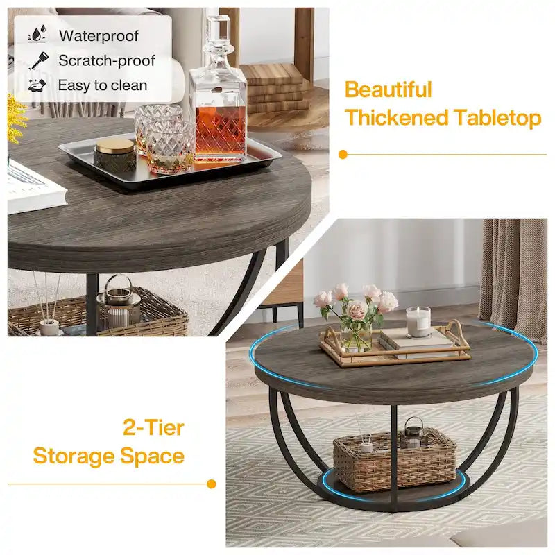 Table basse ronde de 31,7 pouces, rustique à 2 niveaux avec étagères de rangement ouvertes