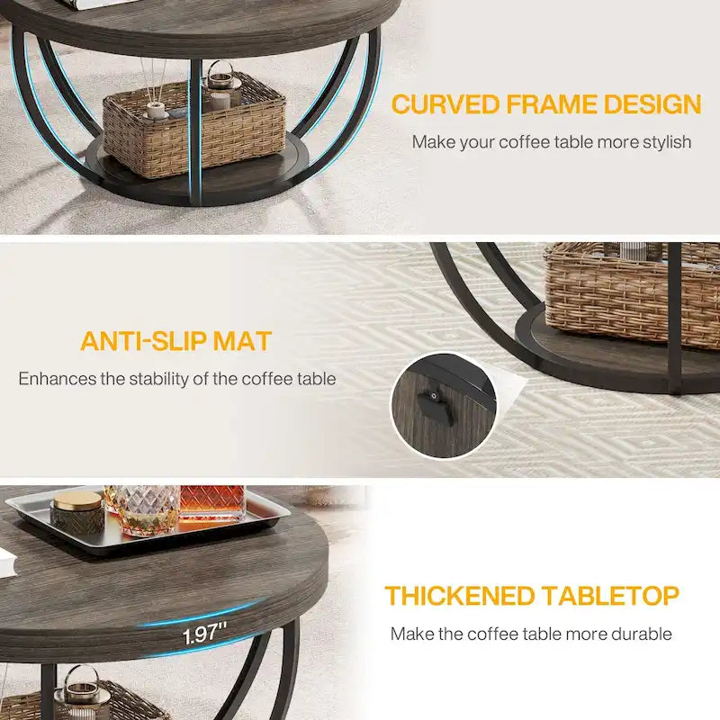 Table basse ronde de 31,7 pouces, rustique à 2 niveaux avec étagères de rangement ouvertes