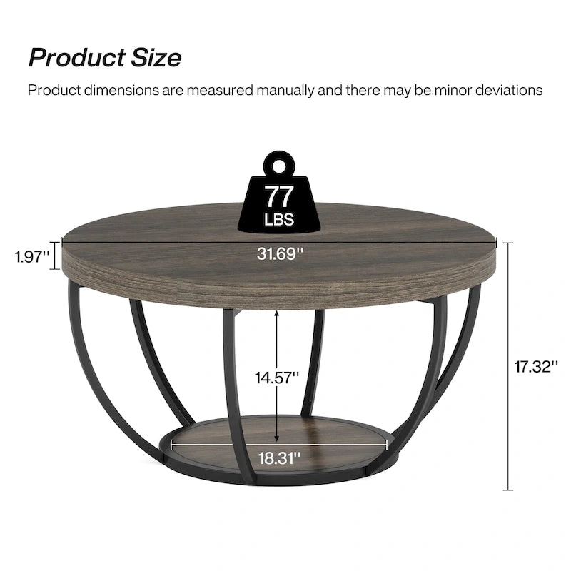 Table basse ronde de 31,7 pouces, rustique à 2 niveaux avec étagères de rangement ouvertes
