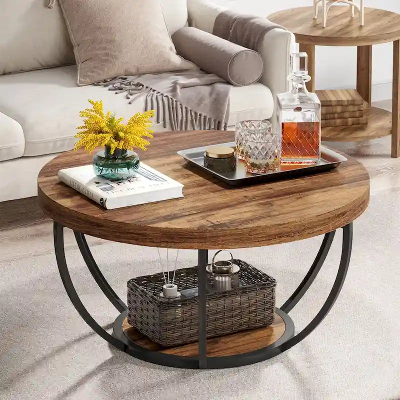 Table basse ronde de 31,7 pouces, rustique à 2 niveaux avec étagères de rangement ouvertes