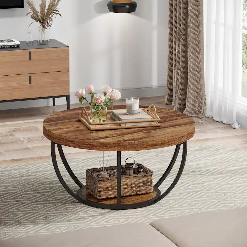 Table basse ronde de 31,7 pouces, rustique à 2 niveaux avec étagères de rangement ouvertes