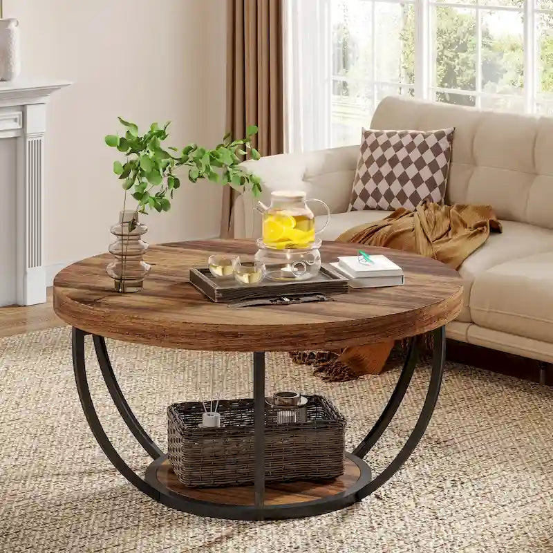 Table basse ronde de 31,7 pouces, rustique à 2 niveaux avec étagères de rangement ouvertes