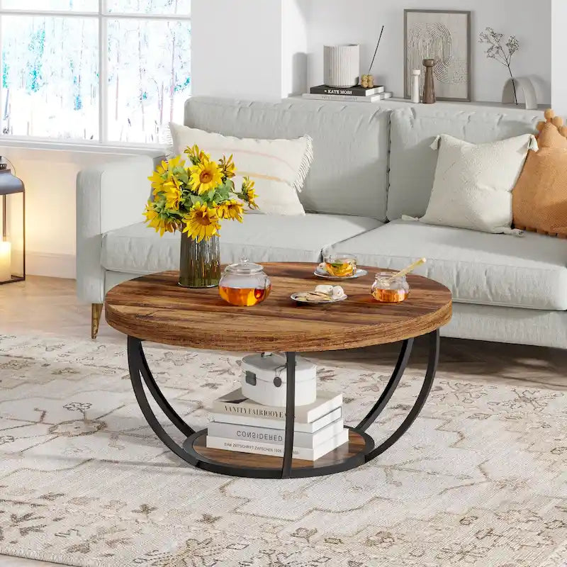 Table basse ronde de 31,7 pouces, rustique à 2 niveaux avec étagères de rangement ouvertes