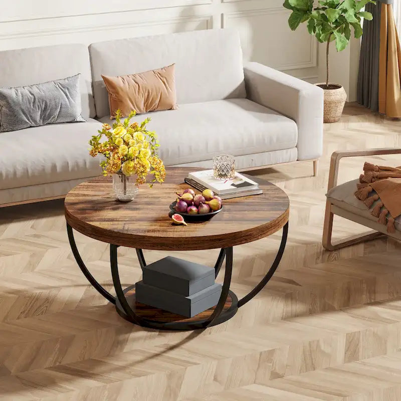 Table basse ronde de 31,7 pouces, rustique à 2 niveaux avec étagères de rangement ouvertes