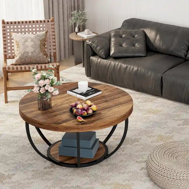 Table basse ronde de 31,7 pouces, rustique à 2 niveaux avec étagères de rangement ouvertes