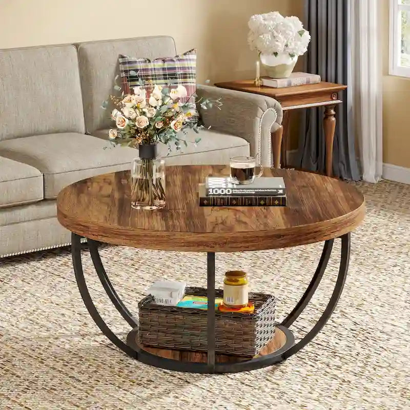 Table basse ronde de 31,7 pouces, rustique à 2 niveaux avec étagères de rangement ouvertes