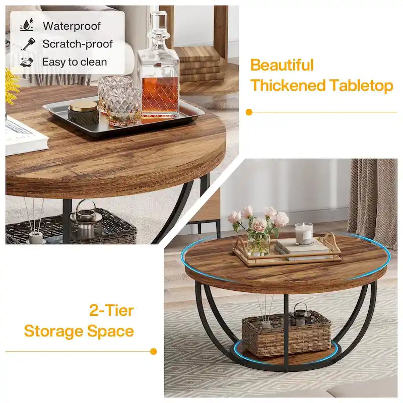 Table basse ronde de 31,7 pouces, rustique à 2 niveaux avec étagères de rangement ouvertes