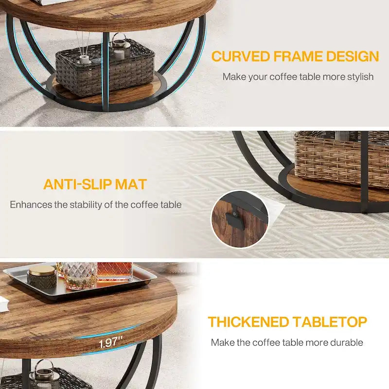 Table basse ronde de 31,7 pouces, rustique à 2 niveaux avec étagères de rangement ouvertes