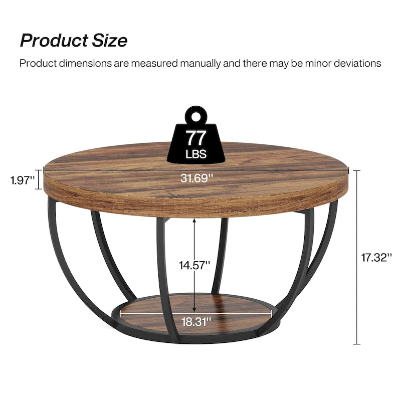Table basse ronde de 31,7 pouces, rustique à 2 niveaux avec étagères de rangement ouvertes