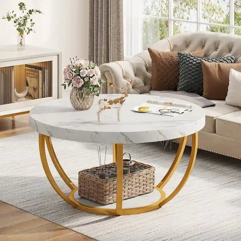 Table basse ronde de 31,7 pouces, rustique à 2 niveaux avec étagères de rangement ouvertes
