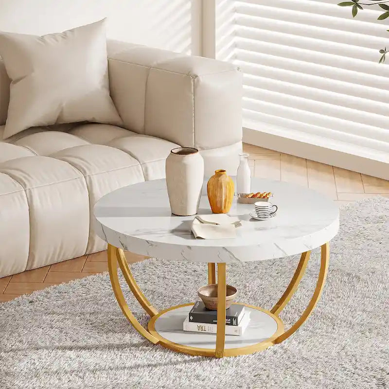 Table basse ronde de 31,7 pouces, rustique à 2 niveaux avec étagères de rangement ouvertes