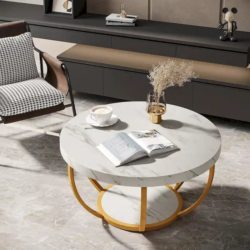 Table basse ronde de 31,7 pouces, rustique à 2 niveaux avec étagères de rangement ouvertes