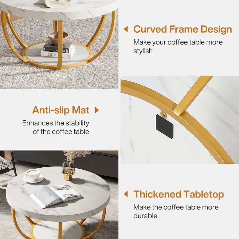 Table basse ronde de 31,7 pouces, rustique à 2 niveaux avec étagères de rangement ouvertes