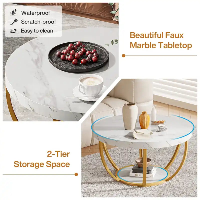 Table basse ronde de 31,7 pouces, rustique à 2 niveaux avec étagères de rangement ouvertes