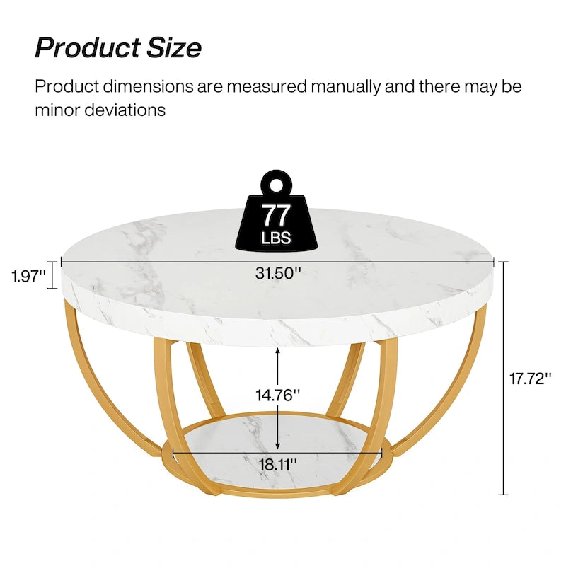 Table basse ronde de 31,7 pouces, rustique à 2 niveaux avec étagères de rangement ouvertes