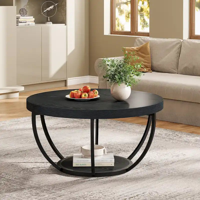 Table basse ronde de 31,7 pouces, rustique à 2 niveaux avec étagères de rangement ouvertes