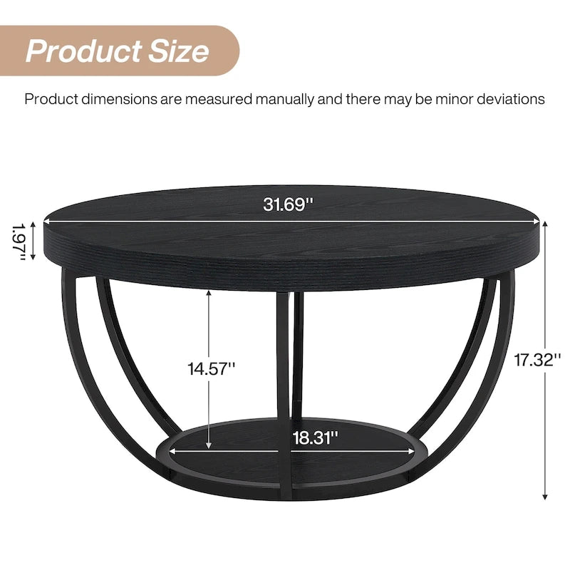 Table basse ronde de 31,7 pouces, rustique à 2 niveaux avec étagères de rangement ouvertes