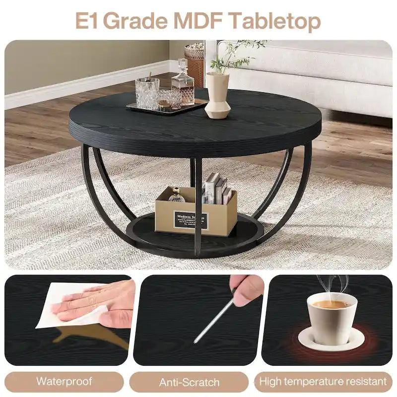 Table basse ronde de 31,7 pouces, rustique à 2 niveaux avec étagères de rangement ouvertes