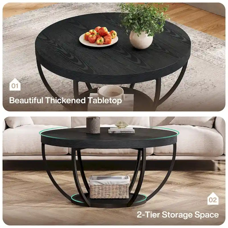 Table basse ronde de 31,7 pouces, rustique à 2 niveaux avec étagères de rangement ouvertes