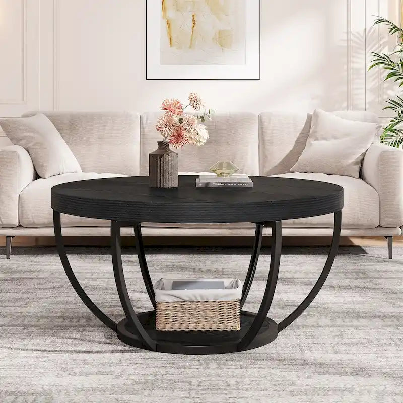 Table basse ronde de 31,7 pouces, rustique à 2 niveaux avec étagères de rangement ouvertes