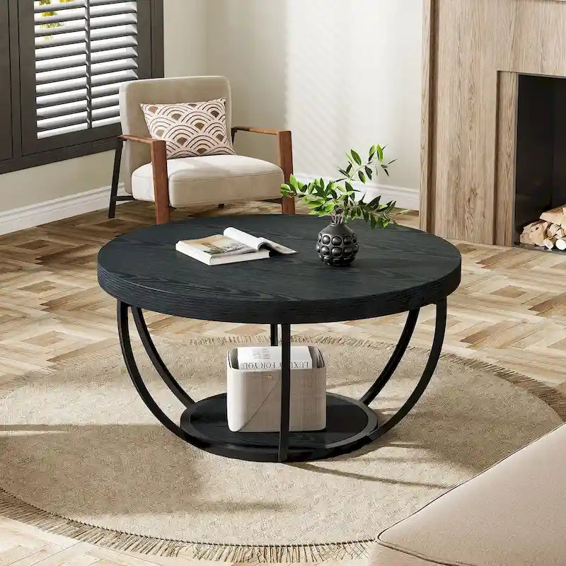 Table basse ronde de 31,7 pouces, rustique à 2 niveaux avec étagères de rangement ouvertes