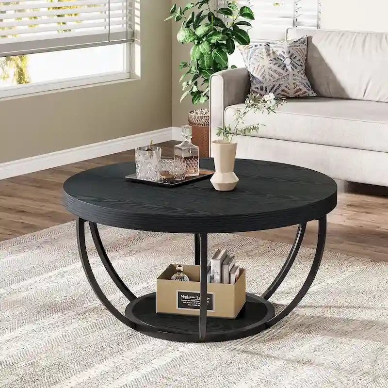 Table basse ronde de 31,7 pouces, rustique à 2 niveaux avec étagères de rangement ouvertes