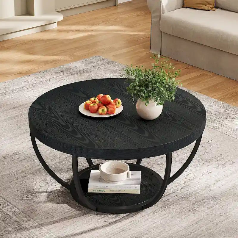 Table basse ronde de 31,7 pouces, rustique à 2 niveaux avec étagères de rangement ouvertes